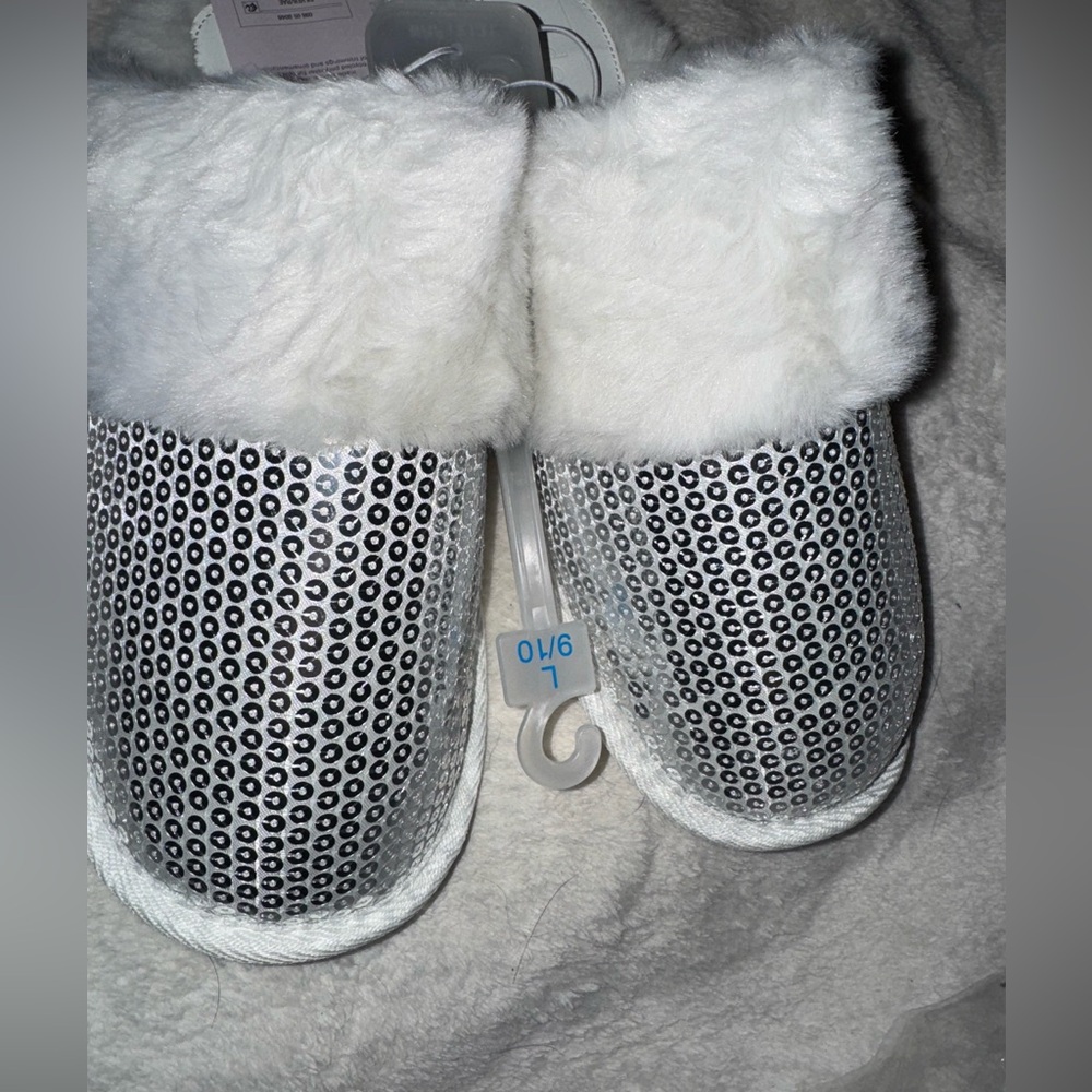 White and Silver Sequin Slippers Auden size large